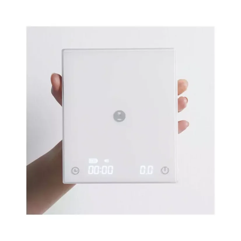 White digital scale for baristas for brewing filter coffee.