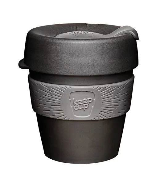 Plastic dark-colored thermal mug with a gray holder