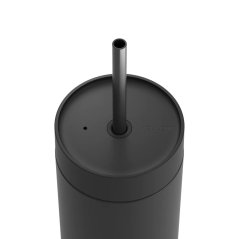 Insulated tumbler with a straw for cold drinks in black color.