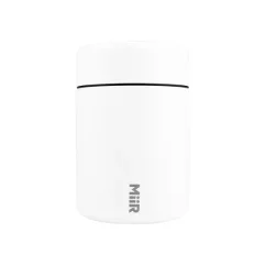 White Miir vacuum coffee canister keeps your drink warm for longer.