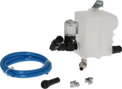 Satz Auslaaf-Solenoidventil mat wäissem Plastikstank, engem bloe Schlauch a Klemmen Satz Auslaaf-Solenoidventil mat wäissem Plastikstank, engem bloe Schlauch a Klemmen