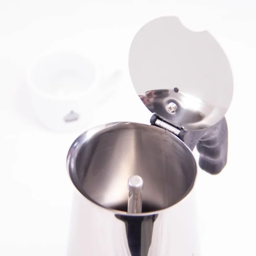 Close-up of the interior of a silver moka pot for 10 cups