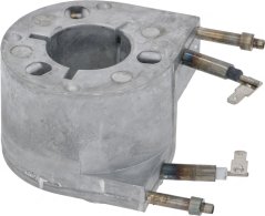 Deeselwechte Boiler aus engem aneren Wénkel, mat sichtbare wäisse Isolatiounshülsen a Kabeluschlëss op de Pins.