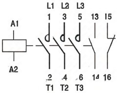Uschlossschema vum Schütz mat Symboler vun de Kontakter an der Bezeechnung vun de Klemmen. Uschlossschema vum Schütz mat Symboler vun de Kontakter an der Bezeechnung vun de Klemmen.