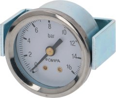 Verchromte Manometer, mat zwou Schrauwen op enger Konsol befestegt, mat enger duebeler Skala a Bar a Psi.