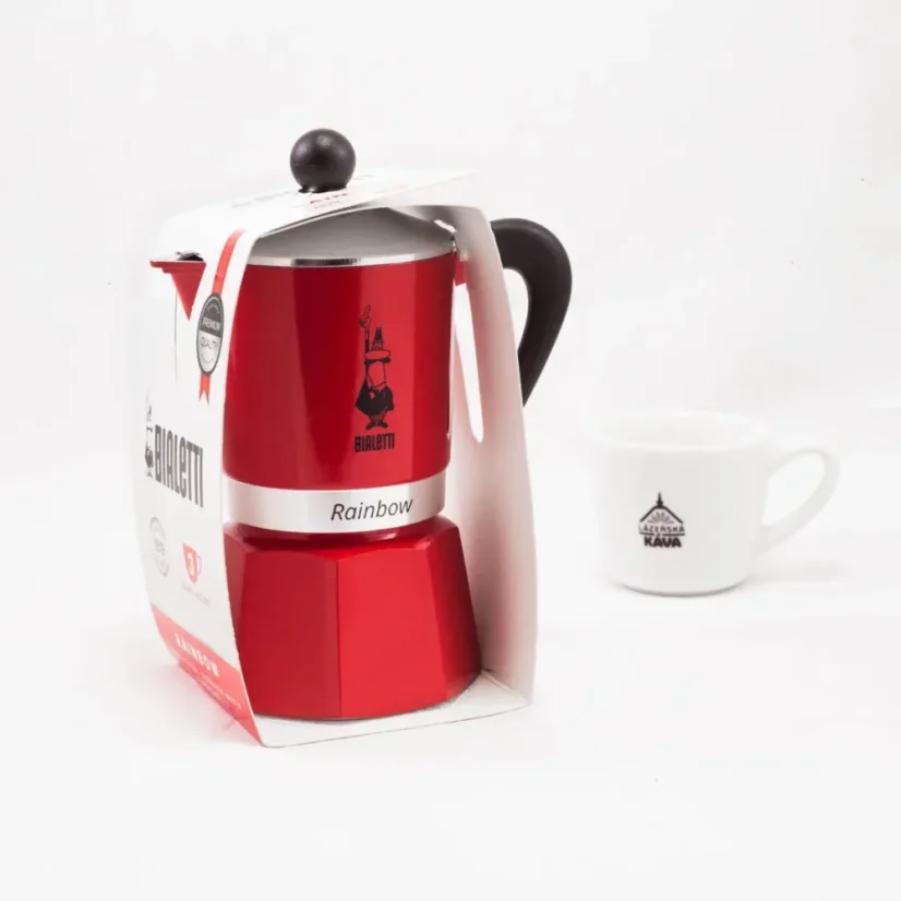 Original packaging of Bialetti Rainbow 3 moka pot in red with coffee.