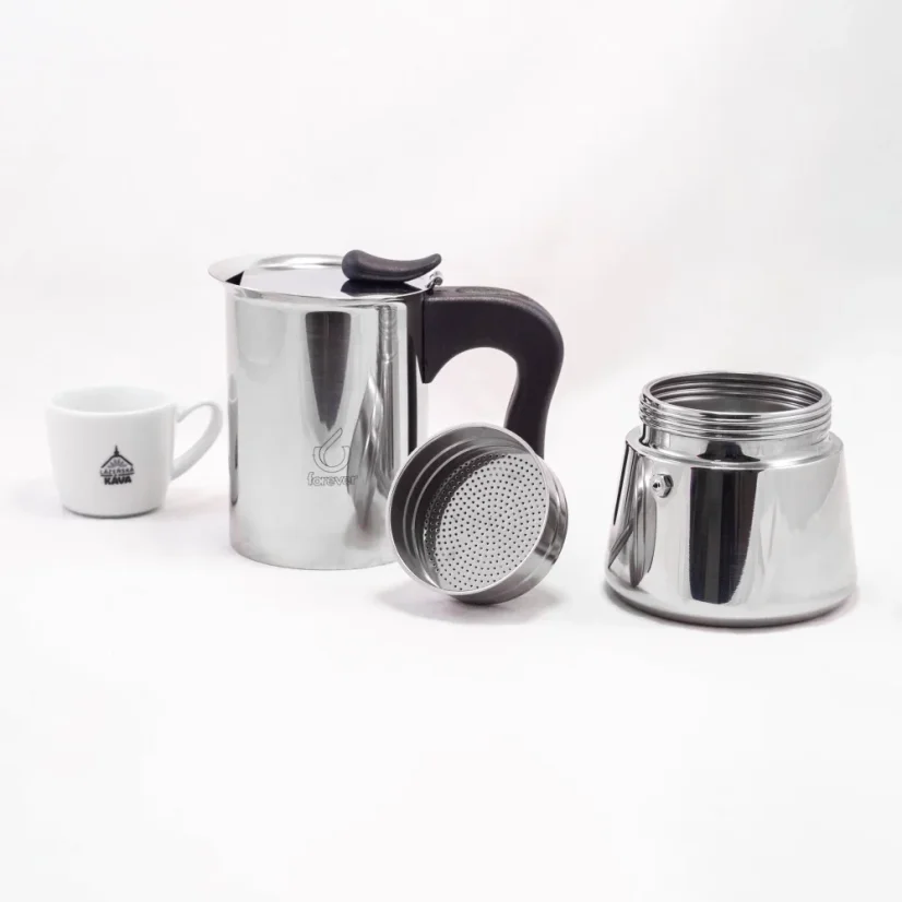 Stainless steel moka pot Forever Miss Splendy for making up to 10 cups of coffee.