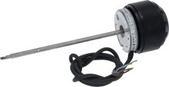 Mëschmotor mat schwaarzem zylindresche Kierper, enger laanger Metallwell an engem opgerullte Kabel mat dräi Dréit