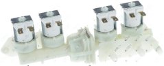 Mëschventil 220–240V BSPP, véier wäiss Solenoidspullen op engem gemeinsame Kierper.