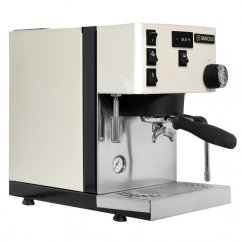 The front of the white lever coffee machine by Rancilio.