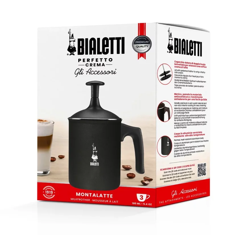 Emballage de mousseur à lait Bialetti de couleur noire, d'une contenance de 166 ml.