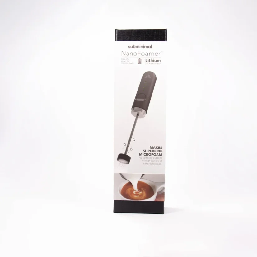 Original packaging of the Subminimal NanoFoamer Lithium milk frother.