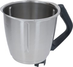 Becher mat Grëff THERMOMIX TM6, Edelstolschossel mat Miessmarkéierungen an engem schwaarze Plastikgrëff. Becher mat Grëff THERMOMIX TM6, Edelstolschossel mat Miessmarkéierungen an engem schwaarze Plastikgrëff.