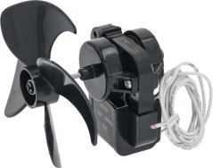 Schwaarze Ventilator mat Motor a laangen wäisse opgerollte Drieder.