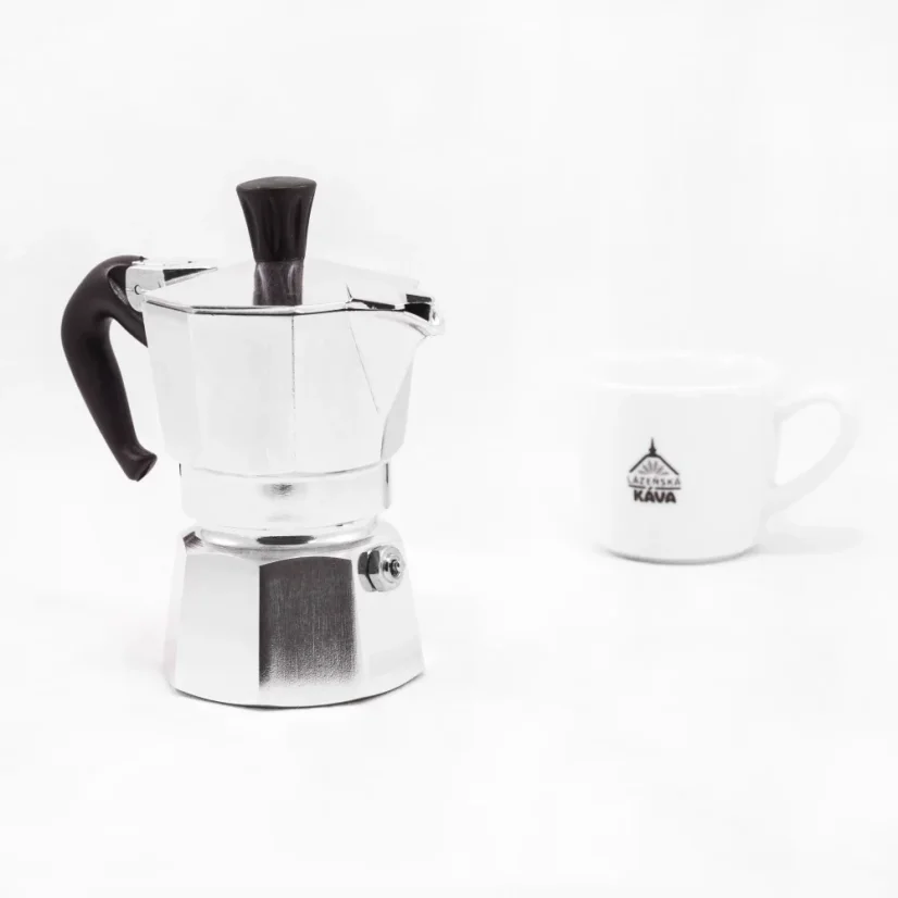 Classic Bialetti Moka Express coffee maker with a capacity of one cup, holding 50 ml.