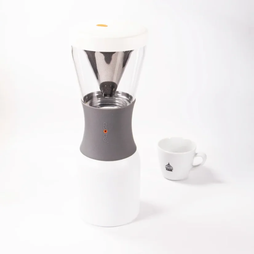 Rear view of a white Asobu coffee maker for making cold brew at home.