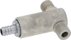 T-fërmeg Metallarmatur (fir de By-Pass) mat engem Schlauchstutz a zwee Gewëndausgäng.