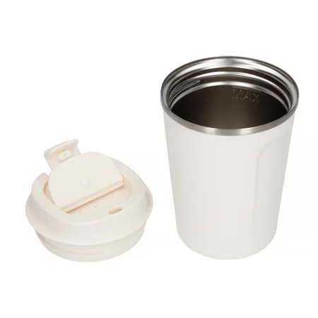 Biały kubek podróżny Asobu Cafe Compact o pojemności 380 ml, wykonany z plastiku.