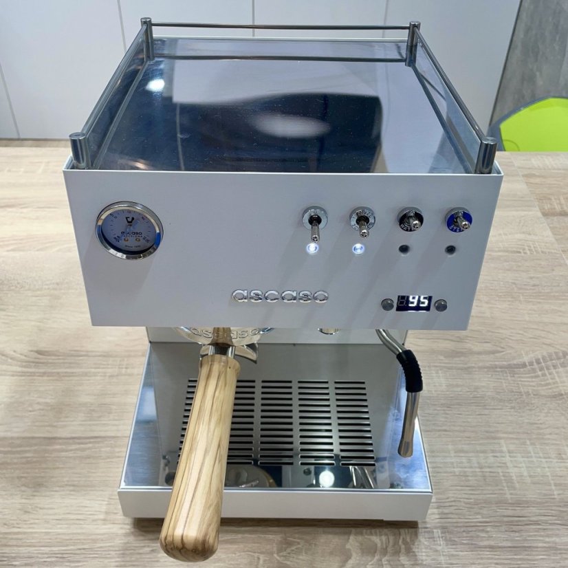 Machine à café à levier domestique Ascaso Steel UNO PID en blanc avec éléments en bois, tension 230V.