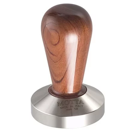 Tamper en Bubinga de 58 mm de couleur marron en acier inoxydable, idéal pour la préparation d'espresso.