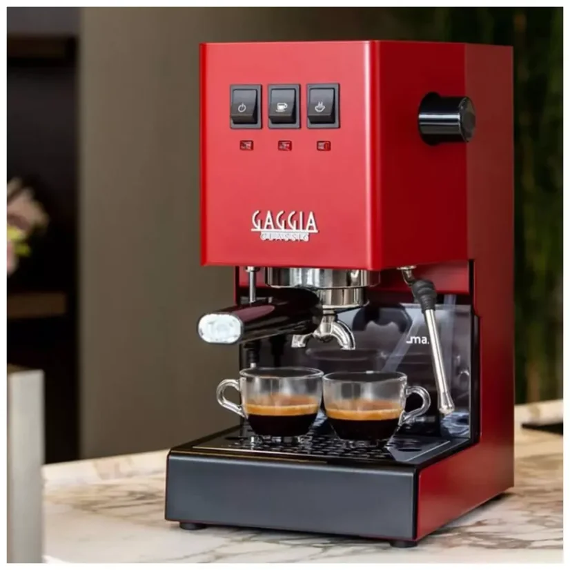 Red home espresso machine Gaggia New Classic EVO.