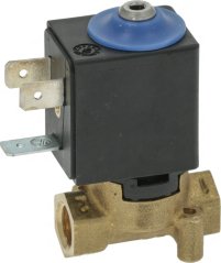 Elektromagnetescht Ventil mat schwaarzer Spull, bloem Deckelchen a Messinggehäus mat zwee Uschlëss.