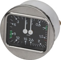 Ronnen Drockmanometer BRASILIA mat engem eckeg-ofgeronnene Ziffersblat, der Opschrëft bar a zwee wäisse Zeeger.