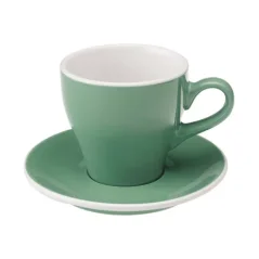 Taza para café latte con plato Loveramics Tulip en color menta de 280 ml, fabricada en porcelana de alta calidad.