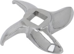 Fleeschwollef-Messer Modell 22 aus Edelstahl mat engem quadrateschen zentrale Luch.