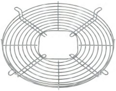 Rondt Schutzgitter fir de Ventilator aus enger Drotkonstruktioun mat engem ronnen Kader a Montagehalterungen.