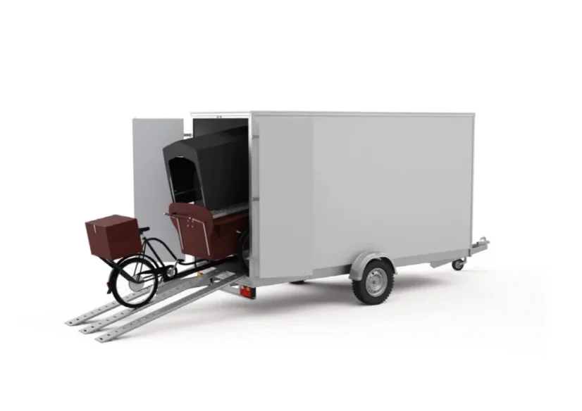 Cargo trailer for transporting a coffee bike type mobile café