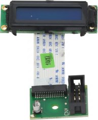 Plack mat engem blo LCD-Display, verbonn iwwer e flaachen Kabel mat enger méi klenger Steierplack Plack mat engem blo LCD-Display, verbonn iwwer e flaachen Kabel mat enger méi klenger Steierplack