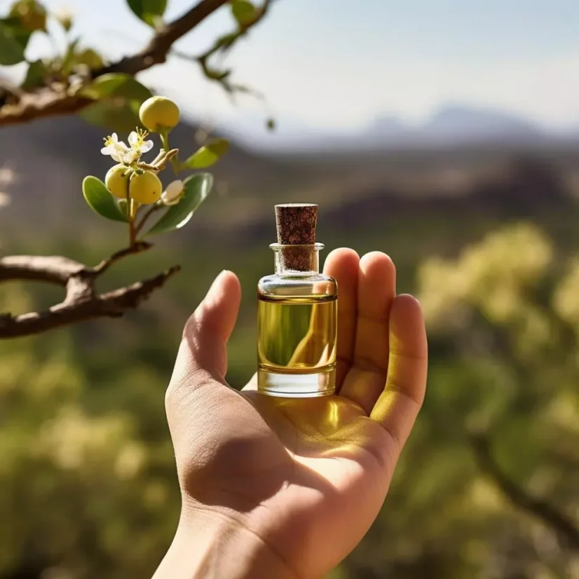 Flacon en verre avec de l'huile de marula 100 % naturelle, 10 ml, idéal pour les soins des cheveux.