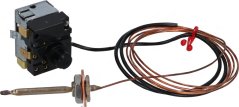 Sécherheetsthermostat mat schwaarze Kierper, engem Bedéngungsknäppchen, enger Kapillar an enger Sonda, déi mat enger Hülse ophält.