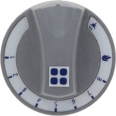 Groe Bedéngungsknäppchen mat engem Duerchmiesser vun 71 mm, mat enger Skala vun 1 bis 8 an engem roude Punkt uewen.