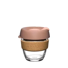 Glass KeepCup thermal mug with a capacity of 227 ml, featuring a beige lid and cork holder on a white background.