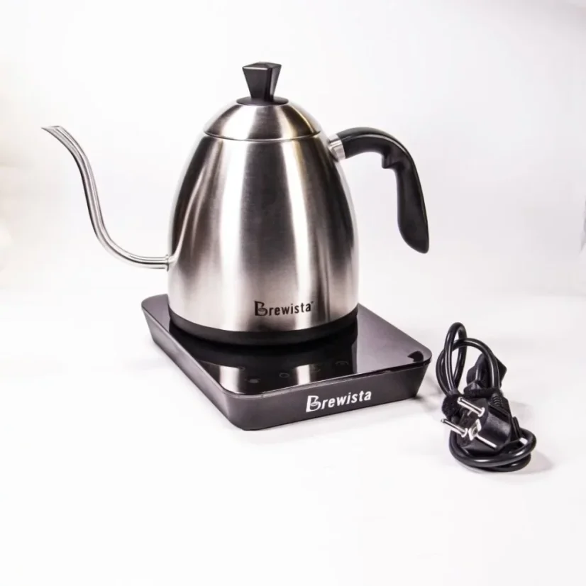 Silver electric kettle with a black handle featuring adjustable temperature and a timer on a white background