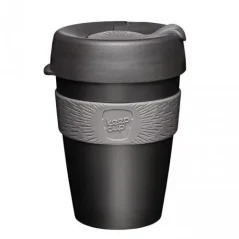Black plastic thermal mug with a gray holder.