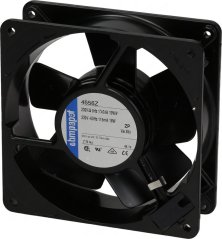 Axialventilator ouni Kader mat siwe gebéite schwaarze Schaufelen ronderëm engem ronde Motor. Axialventilator ouni Kader mat siwe gebéite schwaarze Schaufelen ronderëm engem ronde Motor.
