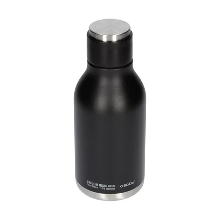 Botella de agua de acero inoxidable negro Asobu Urban con capacidad de 460 ml, ideal para viajar.