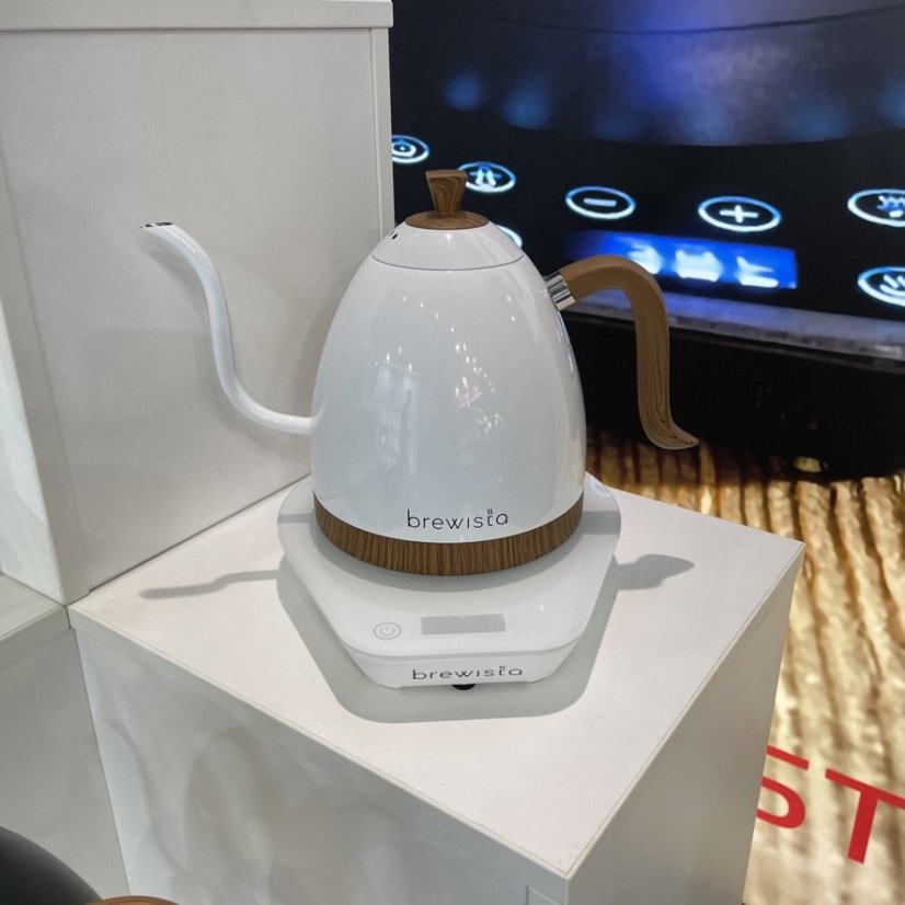 White Brewista Artisan Gooseneck electric kettle with a capacity of 1.0 liter and automatic shut-off feature.