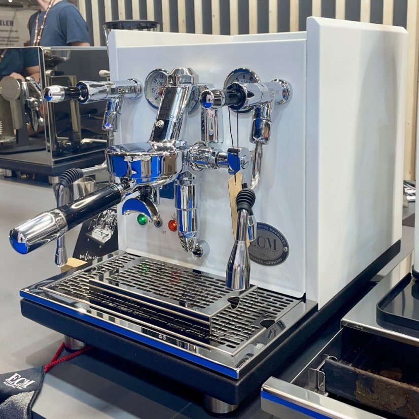 ECM Synchronika lever espresso machine in white finish, suitable for home use.