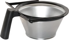 Hiewel mat Kuerf (Portafilter), Portafilter aus Edelstol mat schwaarzem Plastikgrëff a Metallhalter fir de Filterkuerf Hiewel mat Kuerf (Portafilter), Portafilter aus Edelstol mat schwaarzem Plastikgrëff a Metallhalter fir de Filterkuerf