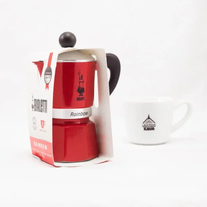 Original packaging of Bialetti Rainbow 1 Moka pot in red color with coffee.