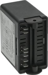 Niveau Controller 115 V, schwaarze Plastikregulator mat enger Rei Steckkonnektoren an engem Montageluch Niveau Controller 115 V, schwaarze Plastikregulator mat enger Rei Steckkonnektoren an engem Montageluch