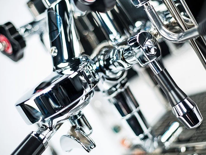 Detail of the ECM Mechanika V Slim stainless steel espresso machine