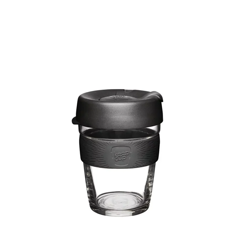 Gobelet thermique en verre avec couvercle noir et support en caoutchouc noir d'une capacité de 340 ml