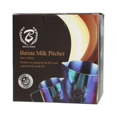Stainless steel Barista Space milk pitcher in blue, with a 600 ml capacity, in original packaging. Stainless steel Barista Space milk pitcher in blue, with a 600 ml capacity, in original packaging.