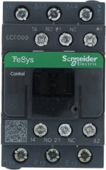 Schütz Schneider mat engem gréngen TeSys-Etikett, Schraufklemme uewen an ënnen.