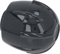 Glänzend schwaarze ronnen Plastikknäppchen mat enger glater ofgerondeler Uewerfläch.